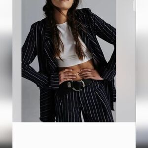 Free people Indigo navy Stella longline striped  double breasted  blazer SMALL